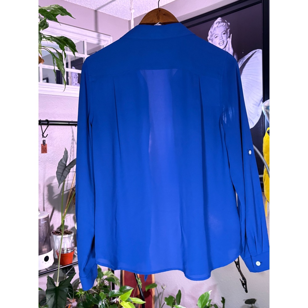 Loft Button Down Blouse Womens Medium Blue Roll Tab Sleeve Utility Shirt - Picture 3 of 11